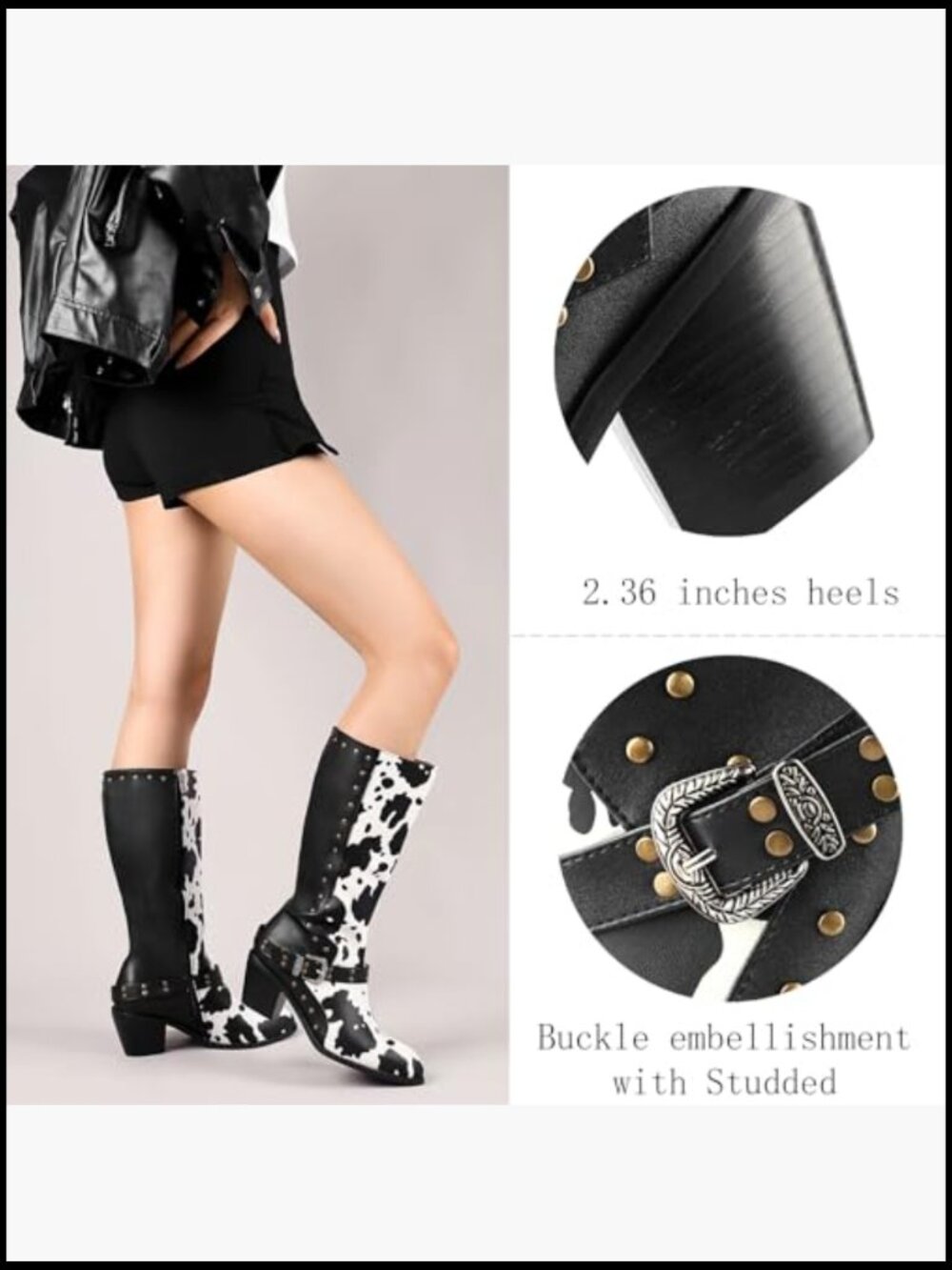 Studded Mid Calf Buckle Biker Boots Chunky Heel Zipper Cow Print - Picture 4 of 7